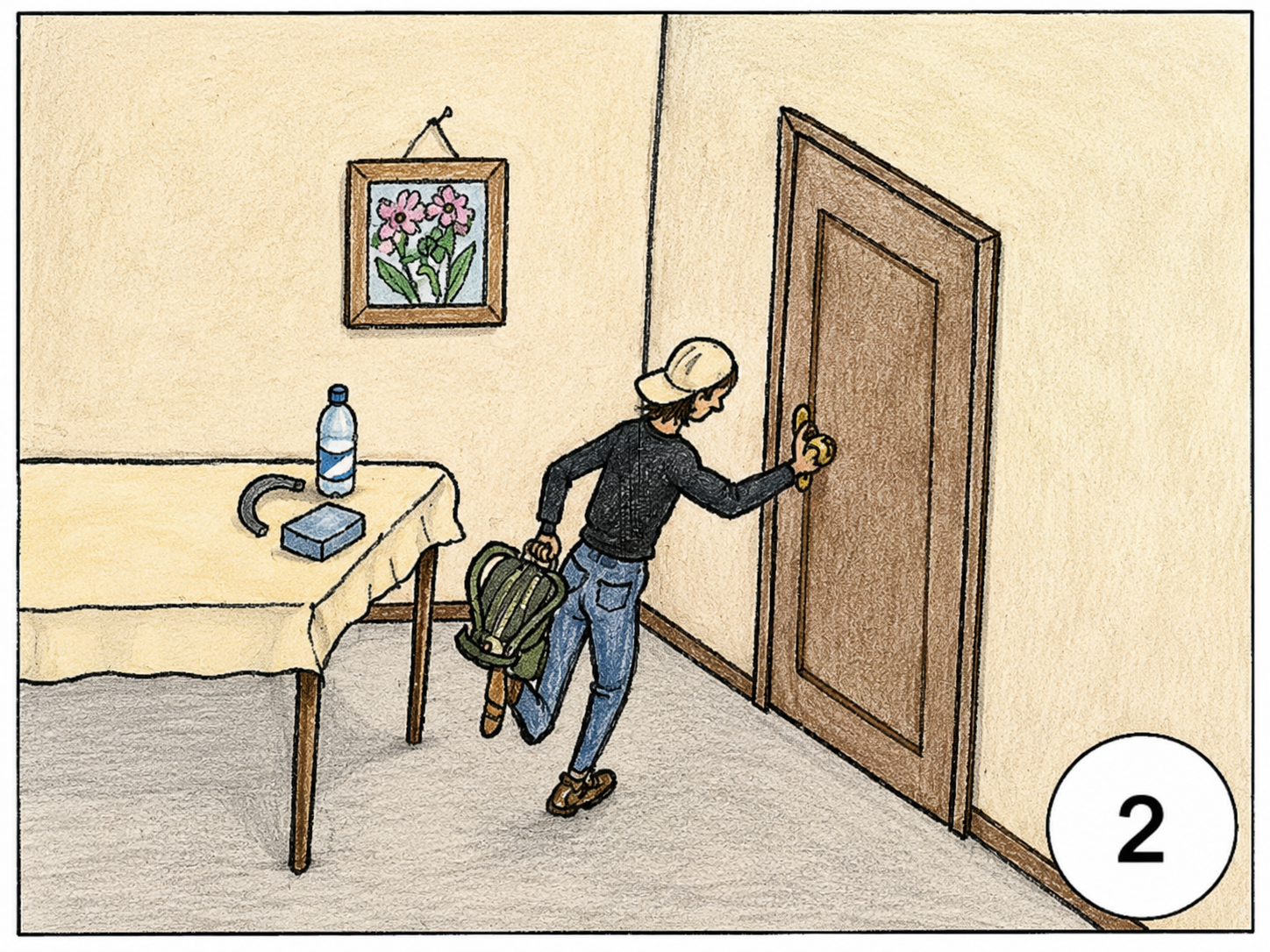 Person öffnet eine Tür in einem Raum mit Tisch und Bild an der Wand.